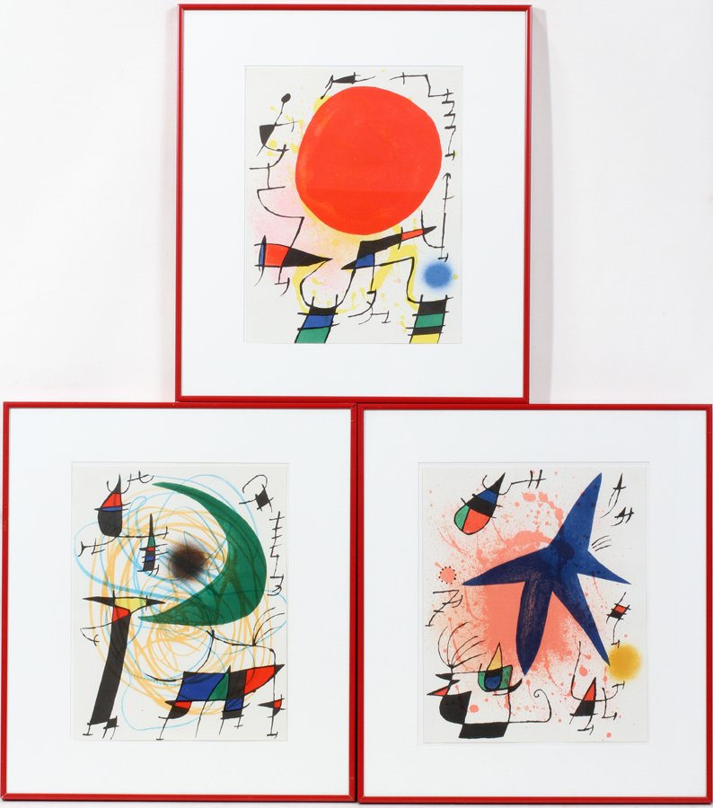 AFTER JOAN MIRO, LITHOGRAPHS, THREE,: AFTER JOAN MIRO, LITHOGRAPHS, THREE, 12 1/2" X 9 3/4":From the book JOAN MIRO: LITHOGRAPHS, Vol. I, by Michel Leiris and Fernand Mourlot, limited edition; including "Untitled: The Sun", "Untitled: The