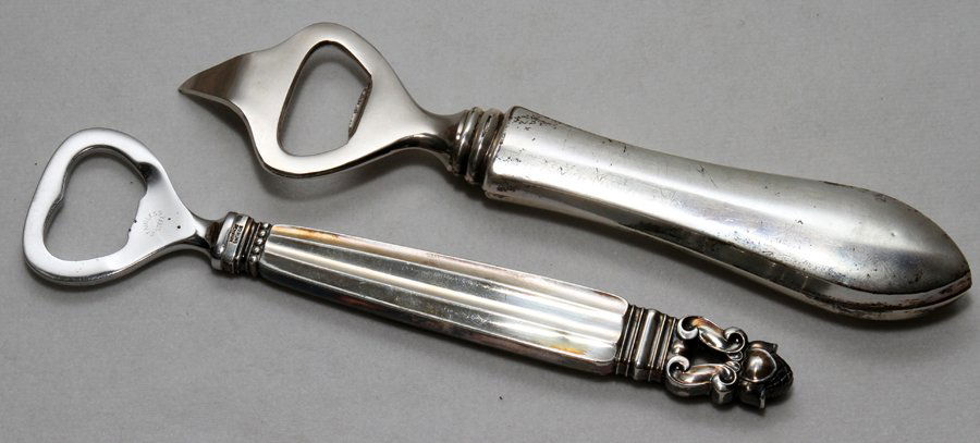 GEORG JENSEN STERLING-HANDLE BOTTLE OPENER,: GEORG JENSEN 'ACANTHUS' STERLING-HANDLE BOTTLE OPENER, & ANOTHER:Two items total. From the Estate of Julie Cudlip Whitman, Grosse Pointe Farms.