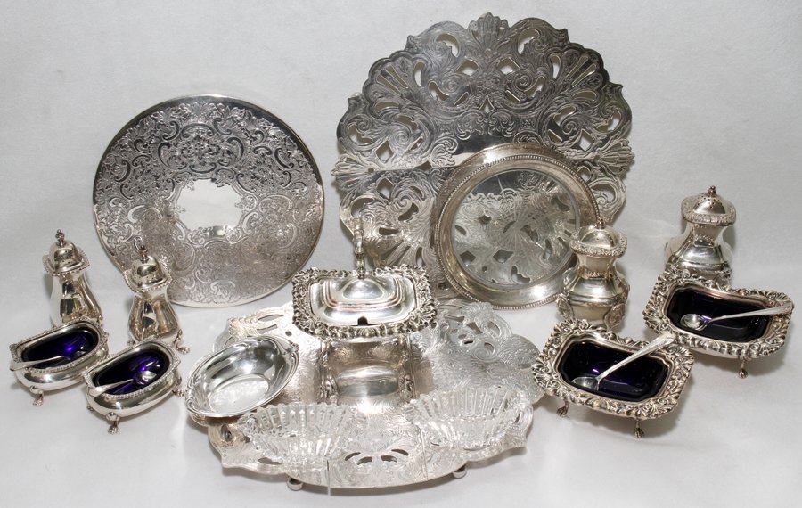 ENGLISH SILVERPLATE & CUT GLASS TABLE WARE,: ENGLISH SILVERPLATE & CUT GLASS TABLE WARE, 20 PIECES:Silverplate includes 3 trivets, 4 pepper shakers, 4 open salts with cobalt glass liners, 1 hinged mustard pot with cobalt blue crystal liner, 1 ov