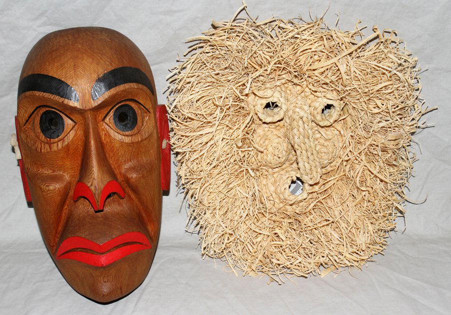 IROQRAFTS CORN HUSK GAJESA & MASK BY VAN JOSEPH: IROQRAFTS 'MEDICINE SOCIETY' CORN HUSK GAJESA, & ONE OTHER MASK BY VAN JOSEPH, TWO, H 14":Including 1 Corn Husk Face and 1 other carved and painted wood mask marked "Van Joseph '94".