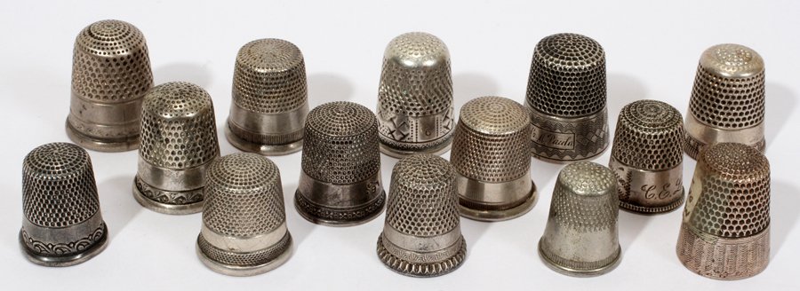 AMERICAN & OTHER STERLING & SILVER THIMBLES,: AMERICAN & OTHER STERLING & SILVER THIMBLES, ANTIQUE, FOURTEEN, H 1":Including 9 sterling thimbles by various markers such as Ketcham McDougall, Simons Bros. and Waite, Thresher & Co., totaling approx