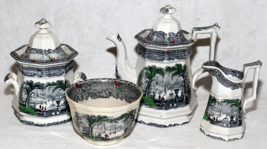 PODMORE, WALKER & CO. IRONSTONE DESSERT SERVICE: PODMORE, WALKER & CO. IRONSTONE DESSERT SERVICE, MID 19TH C., 25 PIECES:Including 1 teapot, 1 creamer, 1 covered sugar bowl, 1 waste bowl, a set of 11 plates, Dia.7 3/4", 4 cups and 6 saucers.