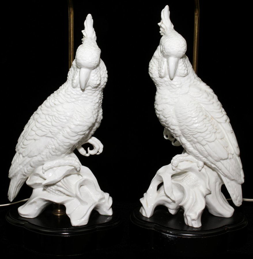 CERAMIC COCKATOO FIGURES MOUNTED AS LAMPS, PAIR: CERAMIC COCKATOO FIGURES MOUNTED AS LAMPS, PAIR, H 29":Glazed white figures. From the Estate of Julie Cudlip Whitman, Grosse Pointe Farms.
