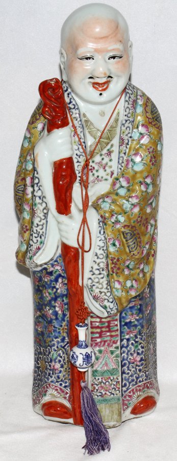 CHINESE PORCELAIN FIGURE OF AN ELDER, C. 1920: CHINESE PORCELAIN FIGURE OF AN ELDER, C. 1920, H 18":Highly decorative. Includes a small 2" H blue and white porcelain vase tassel necklace.