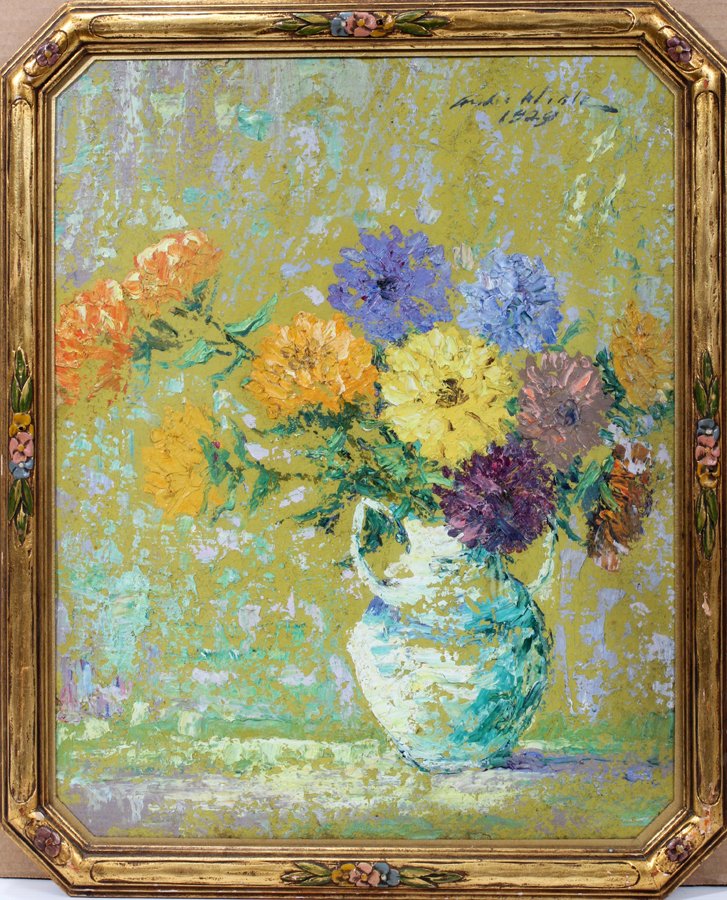ARCHIE PALMER WIGLE OIL ON ARTIST BOARD, 1929,: ARCHIE PALMER WIGLE (AMERICAN 1881-1969), OIL ON ARTIST BOARD, 1929, 20" X 15", BOUQUET OF ZINNIAS:Depicting multi-colored Zinnias and done with a pallet knife. Signed and dated upper right. In a peri