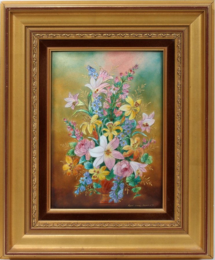 CAMILLE FAURE LIMOGES ENAMEL ON COPPER PLAQUE,: CAMILLE FAURE (FRENCH 1874-1956), LIMOGES ENAMEL ON COPPER PLAQUE, #6/8, 12" X 9", "BOUQUET":Signed "Faure" lower right and marked, "Limoges - France no 6/8; gilt frame. Email de Limoges certificate o