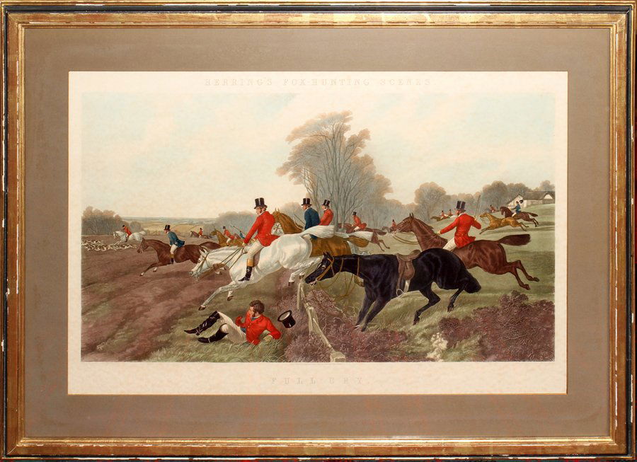 ENGLISH HAND-COLORED MEZZOTINT/ENGRAVING,: ENGLISH HAND-COLORED MEZZOTINT/ENGRAVING, POSTHUMOUS PRINTING, 17" X 29 1/2", 'FULL CRY':Engraved after J. Harris after J. F. Herring, Sr., fox hunting scenes, 1st published by R. Dodson, London, 1867
