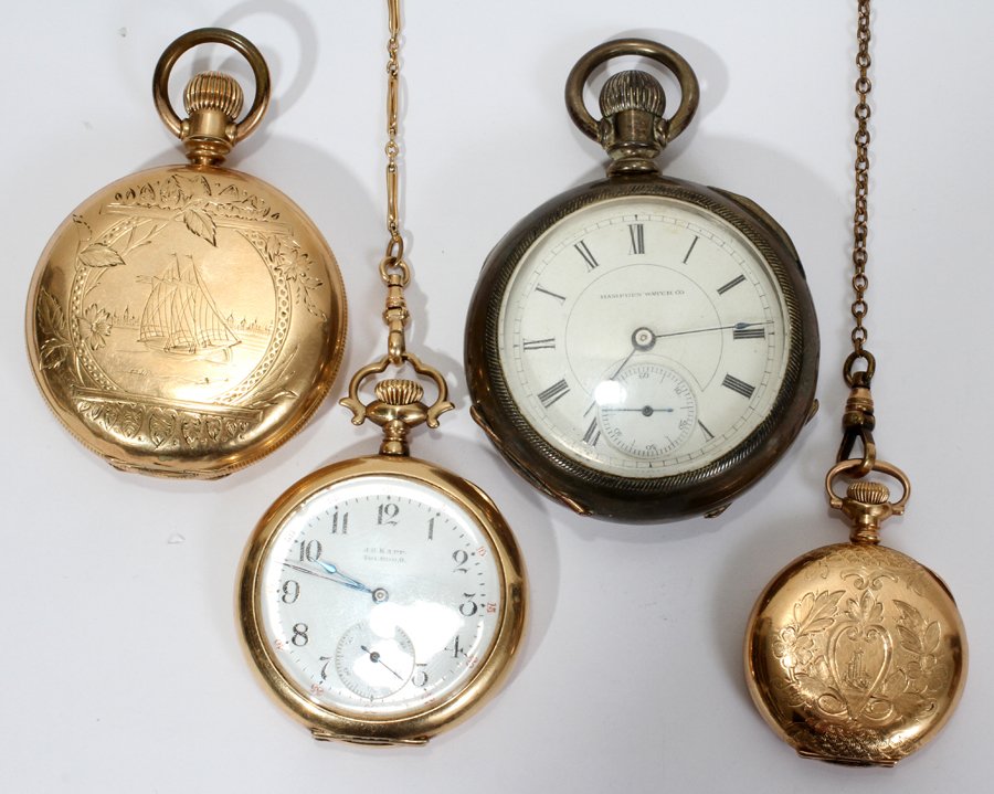 GOLD FILLED & COIN SILVER POCKET WATCHES, : GOLD FILLED & COIN SILVER POCKET WATCHES, LATE 19TH TO EARLY 20TH CENTURY, FOUR:Including 1 lady's gold filled pocket watch by Waltham with a Dueber Special case, also includes gold filled chain fob; 