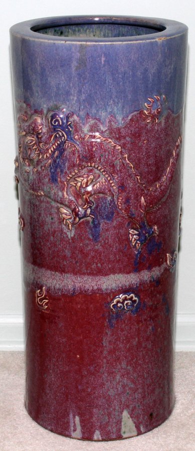 CHINESE GLAZED POTTERY UMBRELLA STAND, H 24", : CHINESE FLAMBÉ STYLE GLAZED POTTERY UMBRELLA STAND, H 24", DIA 9":With raised dragon motif. No apparent markings.