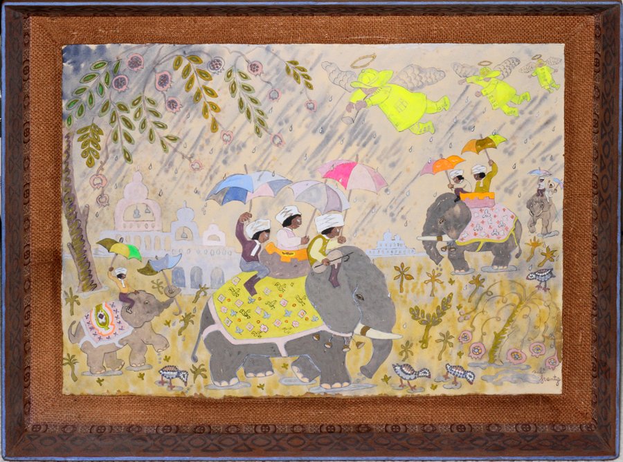 SALI FRANZ, OIL ON ARTIST'S BOARD, 16" X 21": SALI FRANZ, OIL ON ARTIST'S BOARD, 16" X 21":Whimsical depiction of Indian elephants and figures holding umbrellas, raindrops in the background and firemen floating in the sky; signed and framed. From