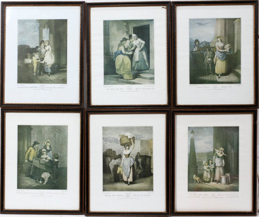 CRIES OF LONDON 20TH.C. REPRINTS, 6, 9" X 7",: CRIES OF LONDON 20TH.C. REPRINTS, 6, 9" X 7", ALSO 4 BIRD MEDALLIONS, C. 2" X 2":6 English offset reproductions of 18th c. "Cries of London" scenes, 9" x 7" each and each separately framed; 4 offset r
