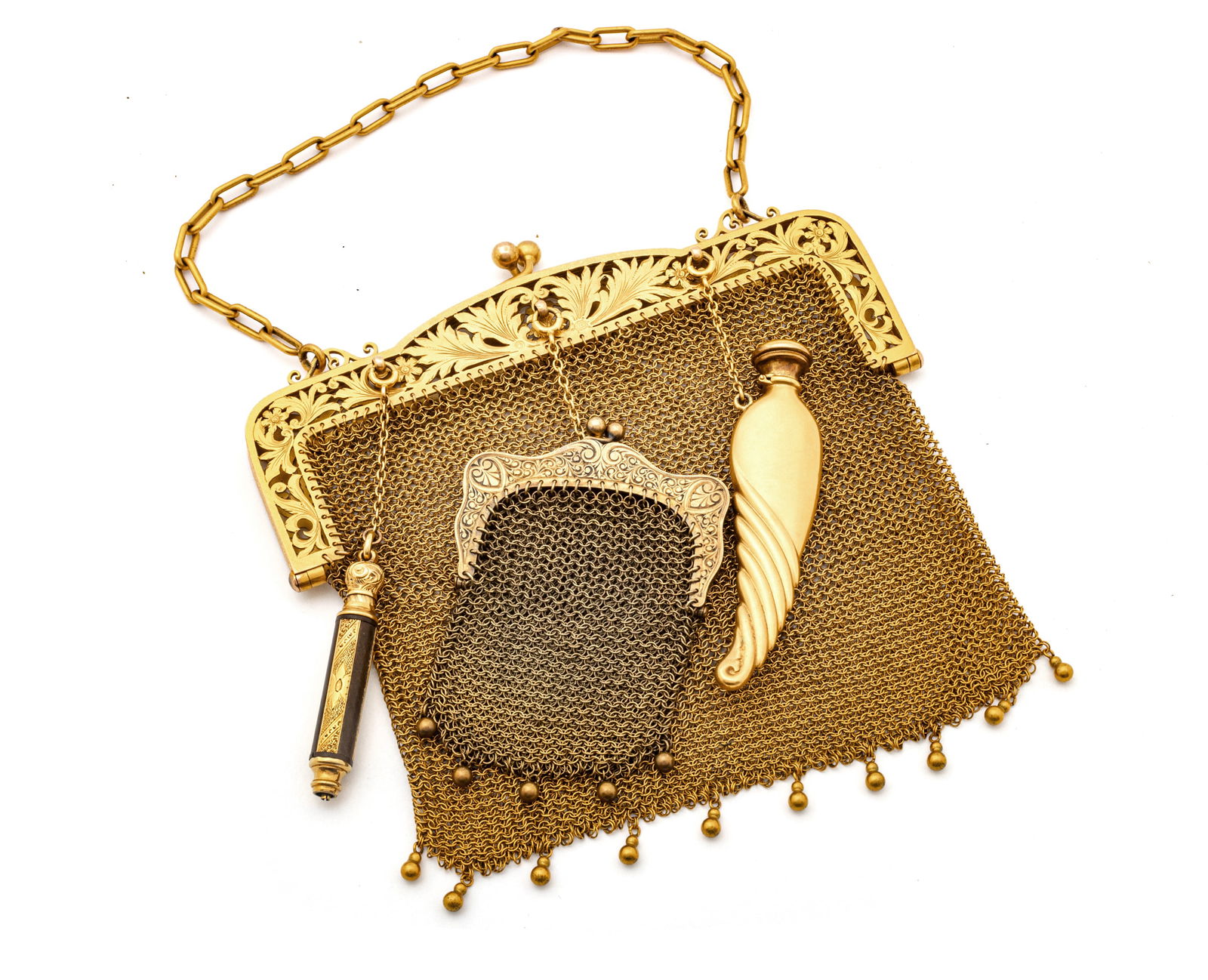 14K Mesh Chainmail Evening Bag, Chatelaine Scent Bottle, Coin Purse, Pencil Pat, 1872, H 5" W 5" (1 of 9)
