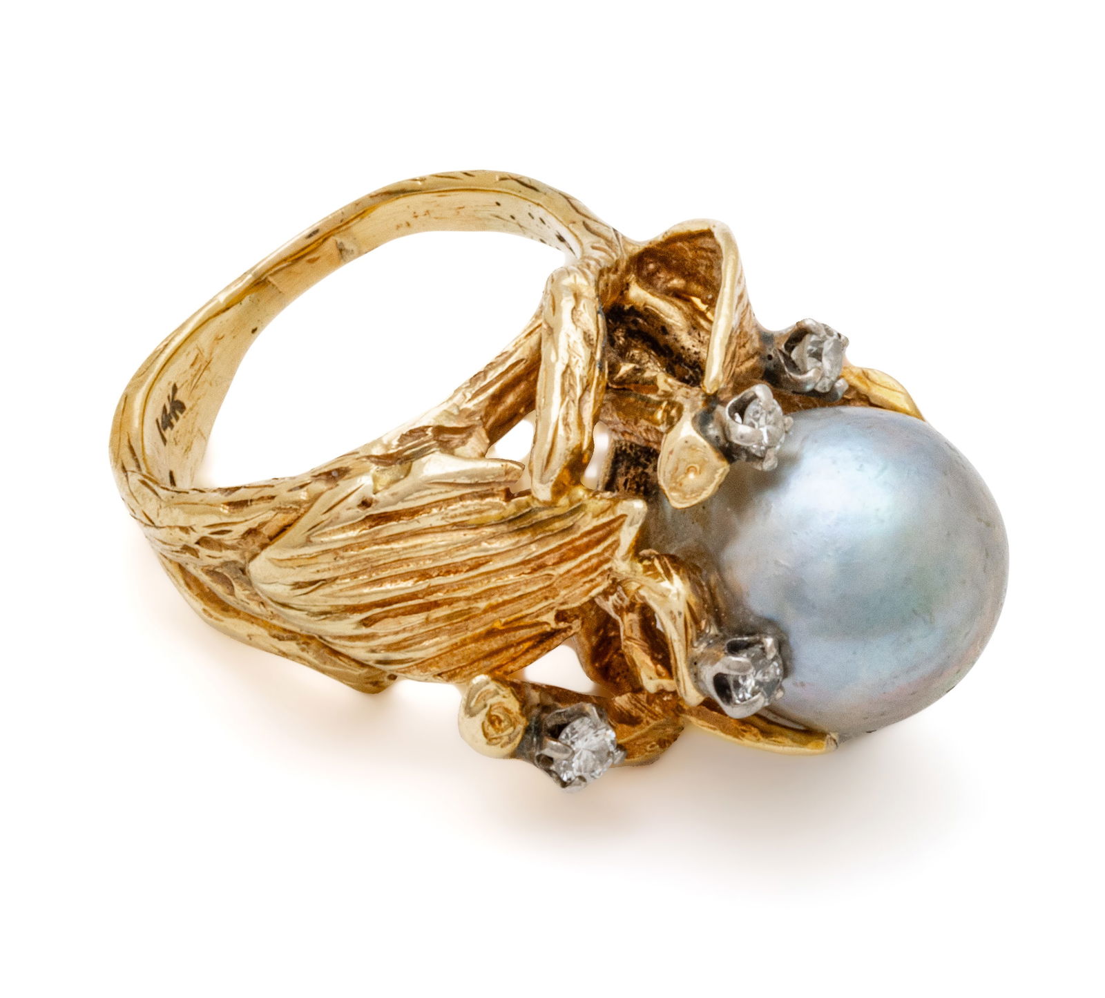14kt Yellow Gold, Diamonds, 11mm Grey Pearl Ring, 10.4g Size: 5 (1 of 6)