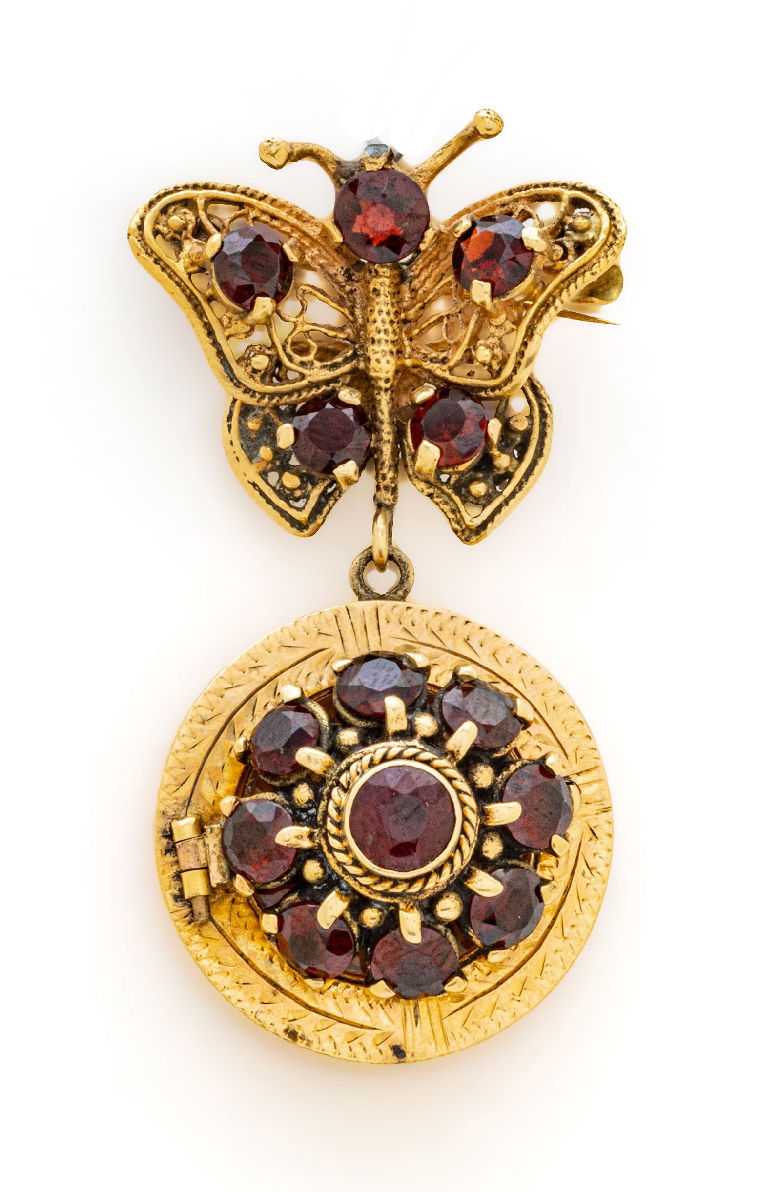 14kt Yellow Gold And Garnet Butterfly Brooch With Hinged Locket, Ca. 1940, 19g (1 of 7)