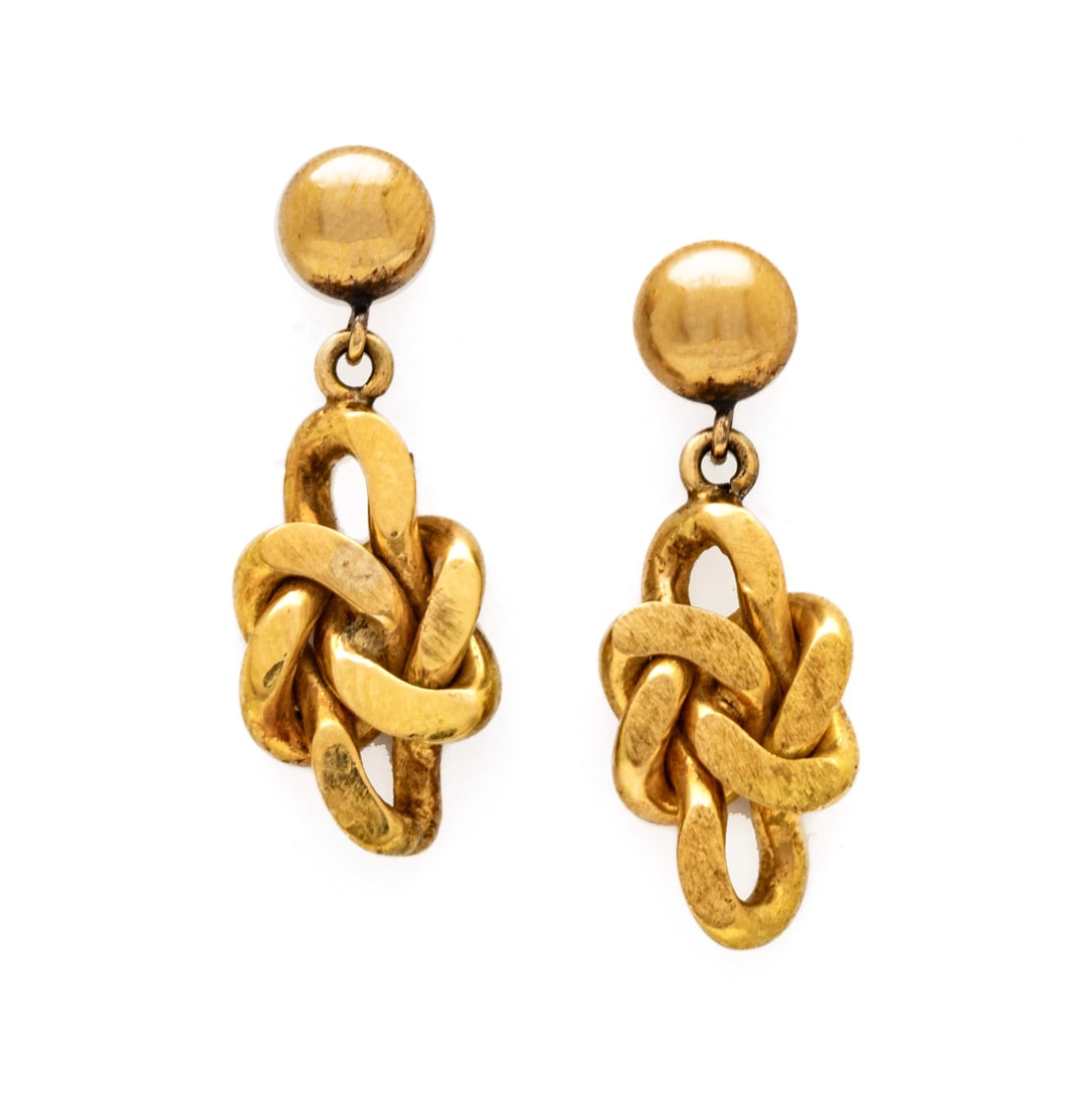 14K Yellow Gold Pendant Earrings 7.3g 1 Pair: 14K Yellow Gold Pendant Earrings 7.3g 1 Pair | Brushed finish. No gold marks. Provenance: From the Estate of Prominent Collector, Leon Zielinski, Macomb County, MI