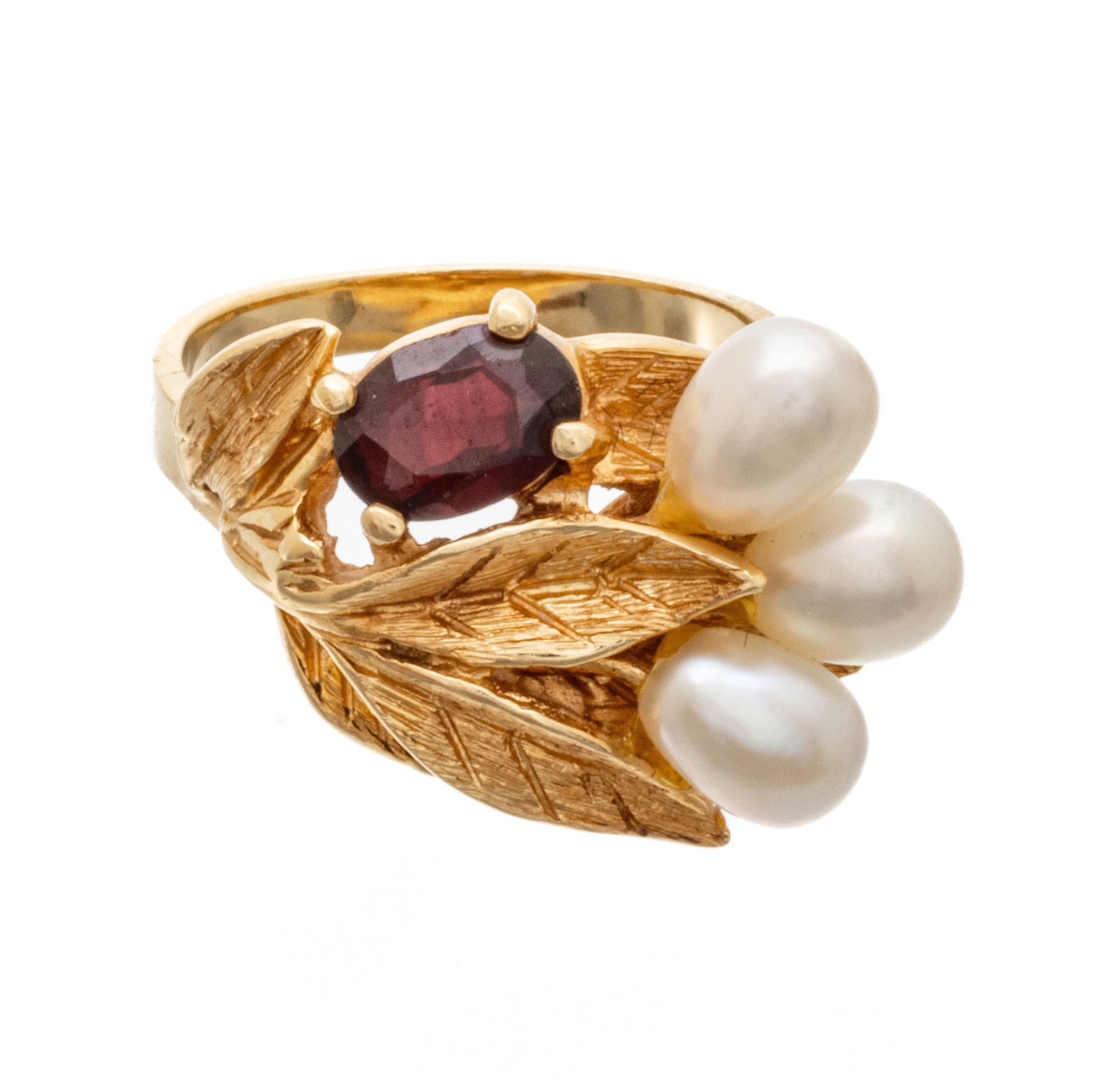 14K Yellow Gold, Garnet And 3 Pearl Ring, Size 6, 7.1g (1 of 7)