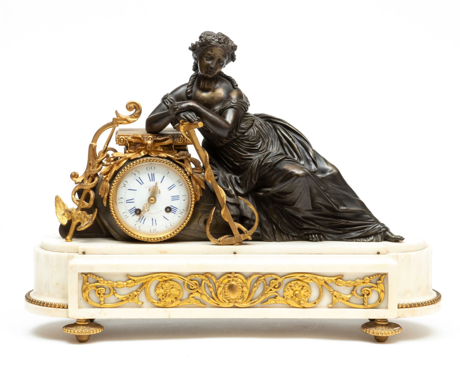 Encely A Toulouse (France) French Empire Marble & Bronze Dore Mantel Clock, Ca. 1850, H 15.5" L 20" (1 of 6)