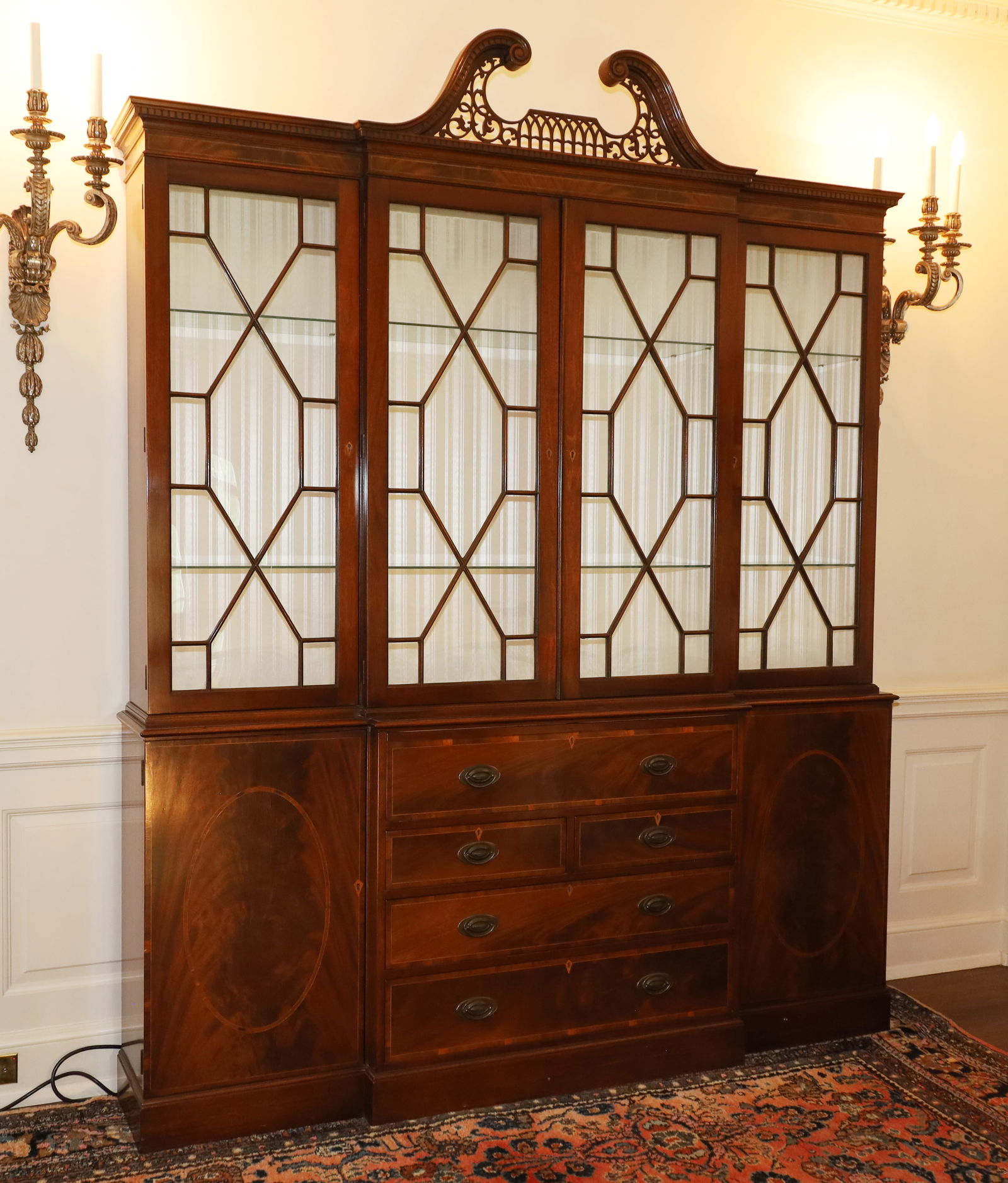 Baker Furniture (American) Chippendale Style Mahogany Breakfront, H 94" W 75" Depth 14" (1 of 5)