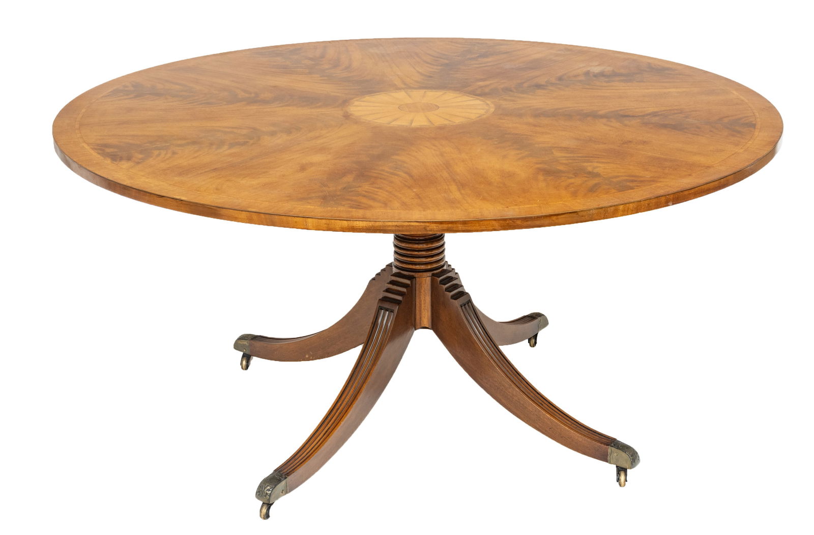 English Flame Grain Mahogany Round Top Table, 19th C., H 29" Dia. 60" (1 of 9)