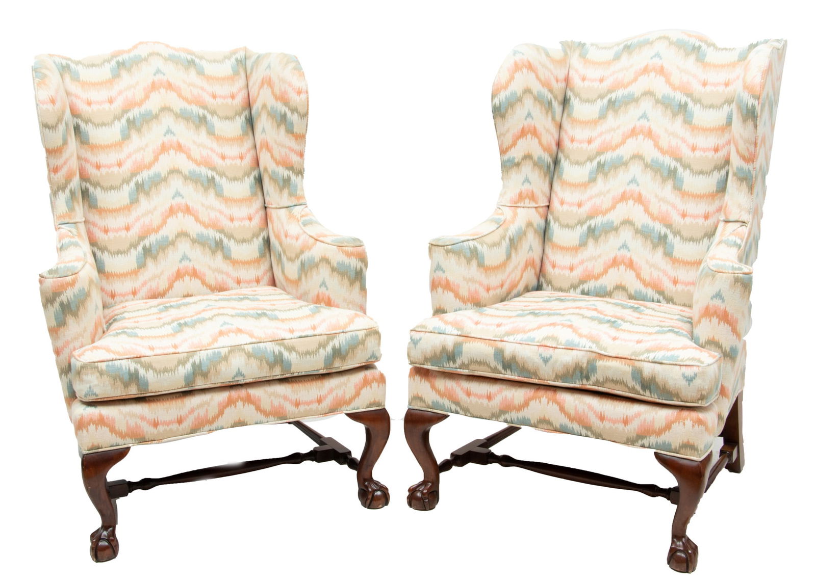 Baker Furniture (American) Upholstered Chippendale Style Wingback Arm Chairs, H 45" W 33" Depth 29" (1 of 4)