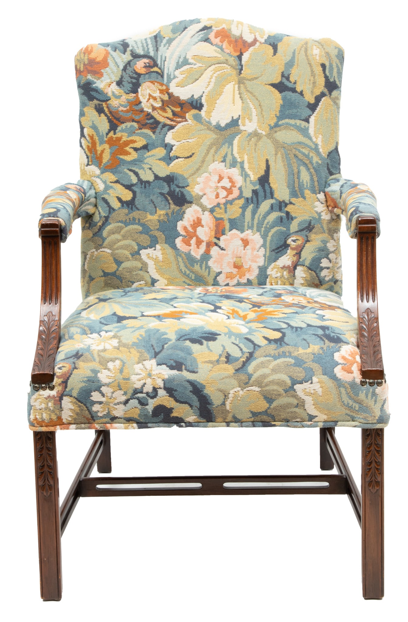 Chippendale Style Mahogany Armchair, With Tapestry Upholstery 20th C., H 35" W 23" Depth 24": Chippendale Style Mahogany Armchair, With Tapestry Upholstery 20th C., H 35" W 23" Depth 24" | Offers a serpentine back, the armrests are fluted with scroll forms. The tapestry depicts quail and pheas