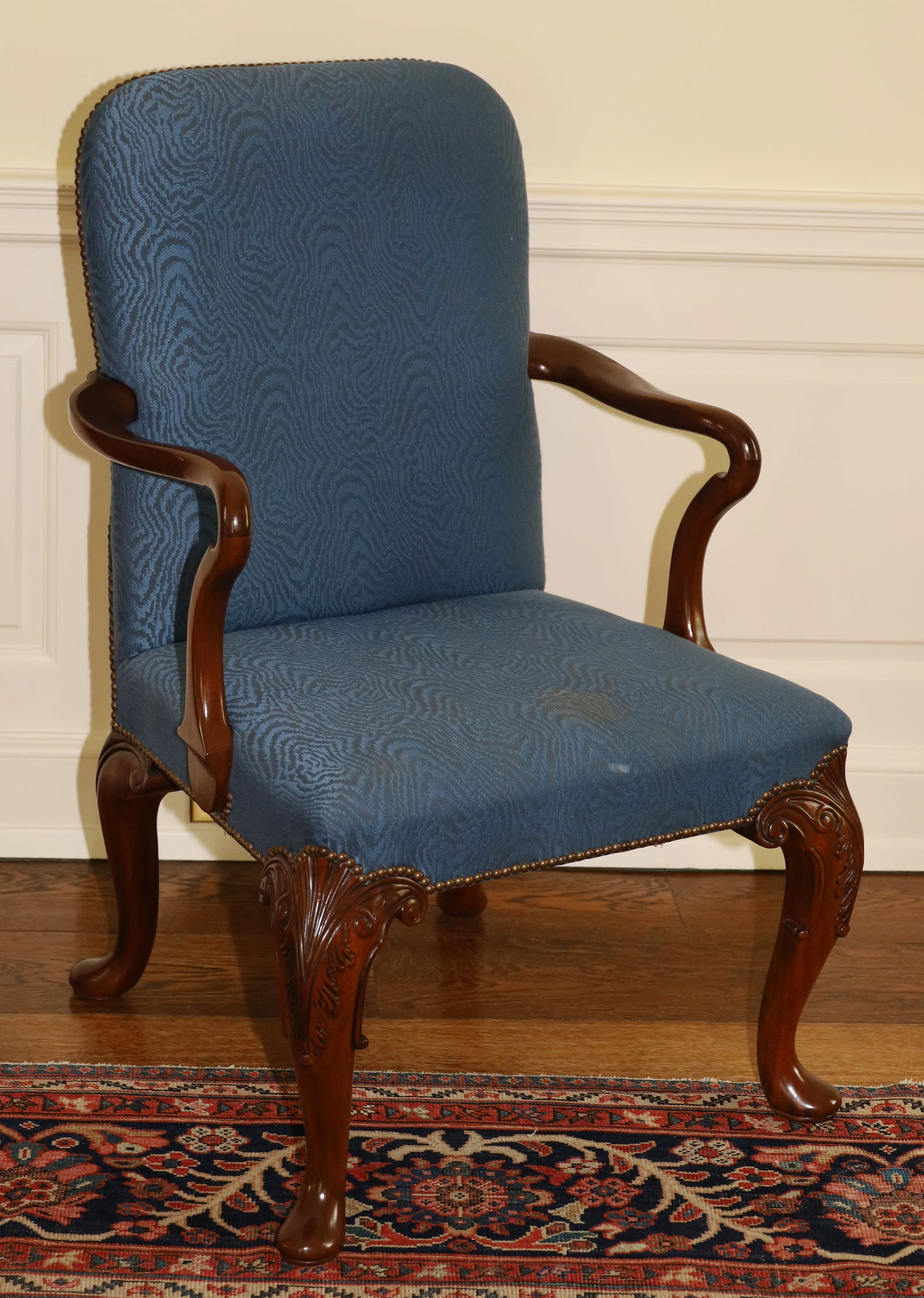 Baker Furniture (American) Queen Ann Style Upholstered Mahogany Armchair, H 39" W 24.5" Depth 25" (1 of 4)