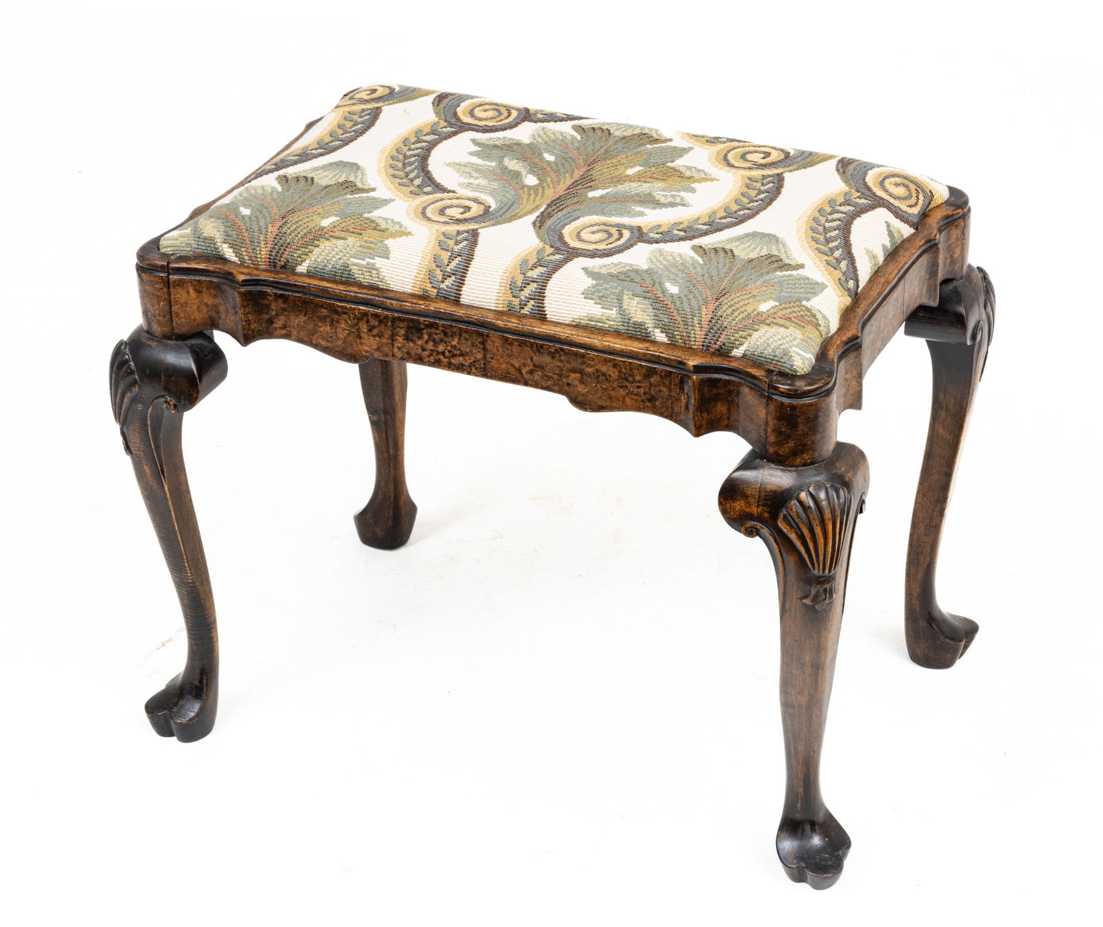Chippendale Style Tapestry Upholstered Bench Ca. 20th C., H 18" W 24" Depth 16.5" (1 of 5)