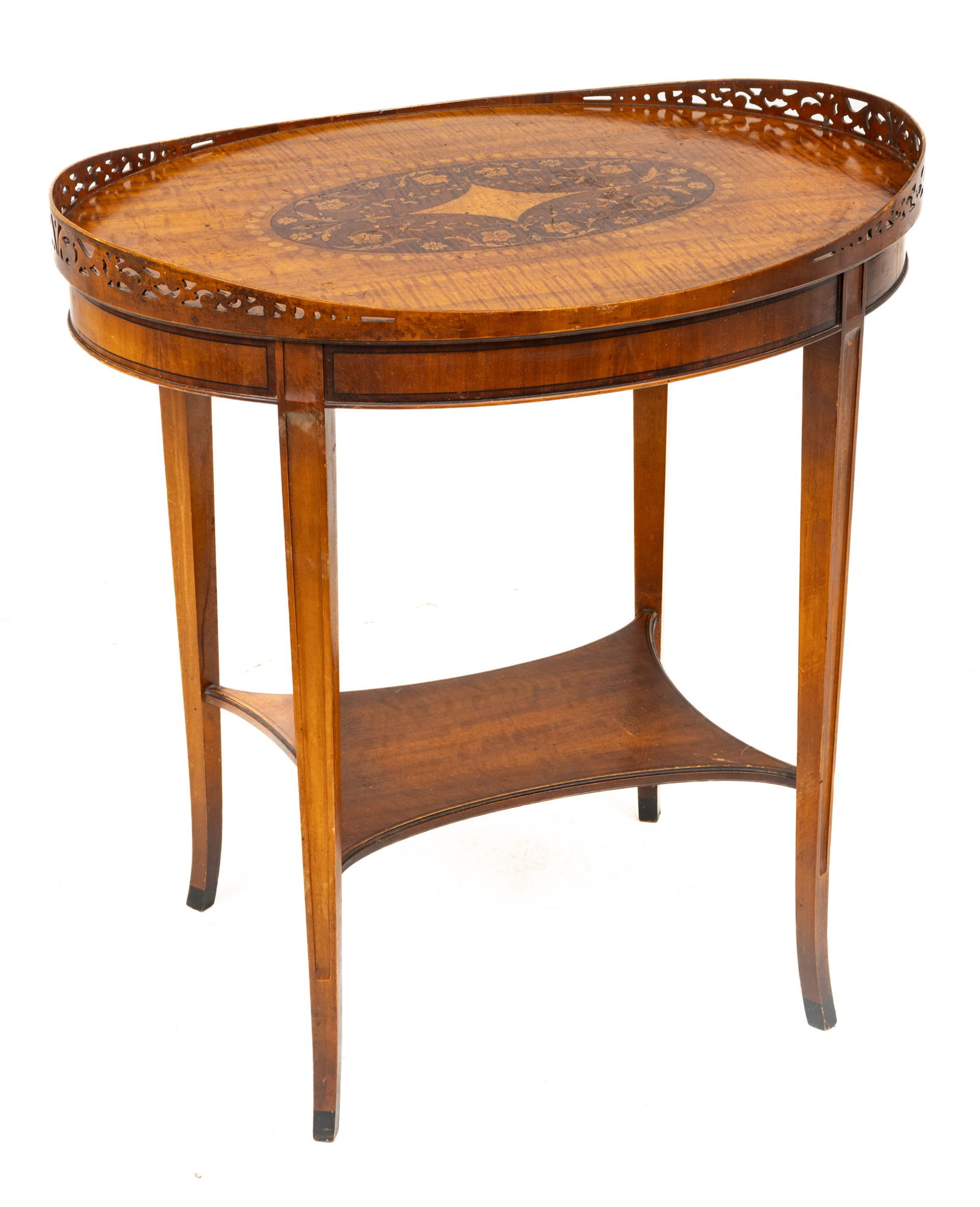 Edwardian Style Tiger Maple Oval Table, Ca. 1940-1970, H 29.5" W 20.25" L 28" (1 of 5)