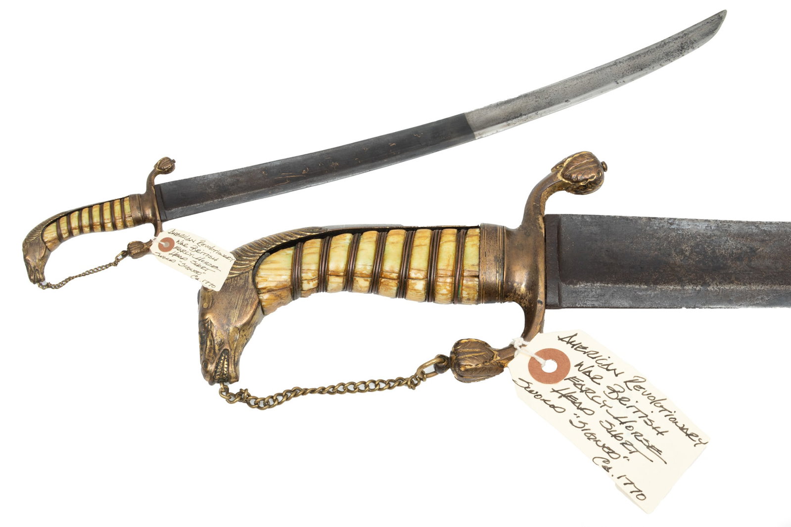 American Revolutionary War Era, British Horse Head Pommel Short Sword, J.J. Runkel, Solingen Blade,: American Revolutionary War Era, British Horse Head Pommel Short Sword, J.J. Runkel, Solingen Blade, Ca. Late 18th C., L 28" | 23.25" Curved, single-edged, flat-back blade marked at the spine J.J. Runk