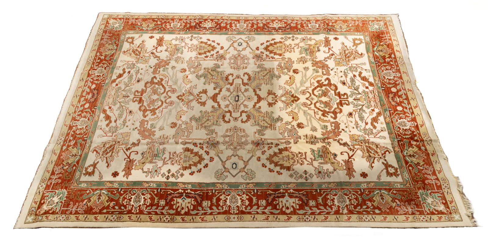 Persian Oushak Hand Woven Rug H 9' 6'' W 13' 6'': Persian Oushak Hand Woven Rug H 9' 6'' W 13' 6'' | Having a cream field with a rust outer border. Overall floral designs. Provenance: From a Prominent Collector, Provencal Road, Grosse Pointe Farms, M