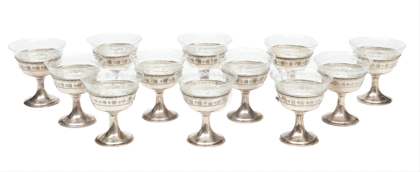 Sterling Silver With Crystal Inserts Cocktail Compotes, Ca. 1930, 20t oz 12 pcs (1 of 3)