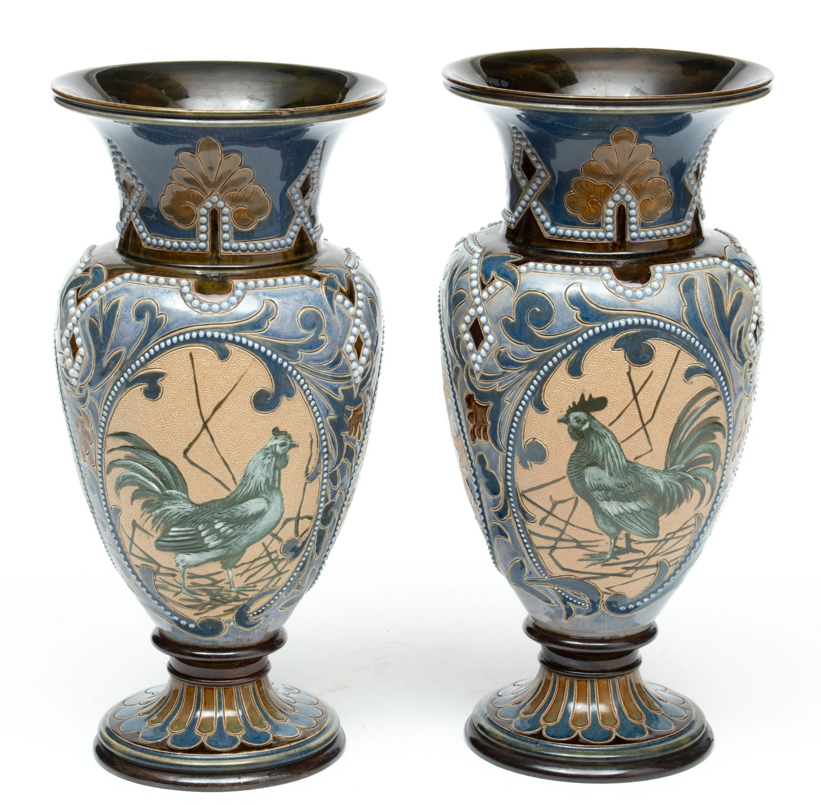 Doulton Lambeth (England) Decorated Stoneware Vases, Ca. 1880, H 12.5" Dia. 6" 1 Pair (1 of 13)