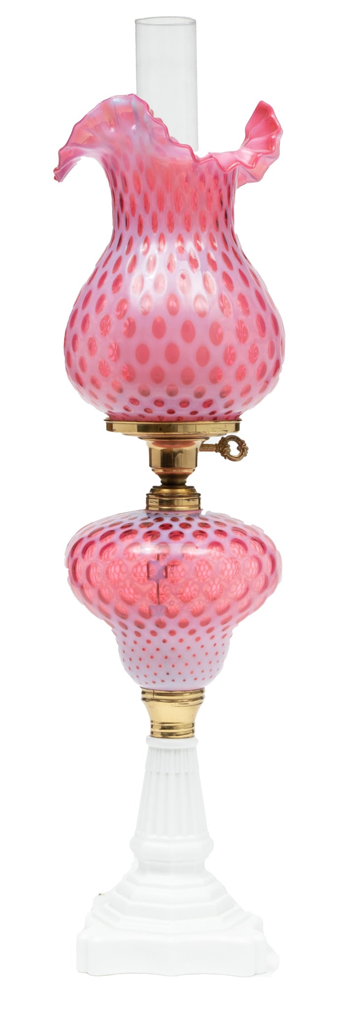 Milk Glass And Cranberry Coin Spot Lamp Ca. 1950, H 28" (1 of 4)