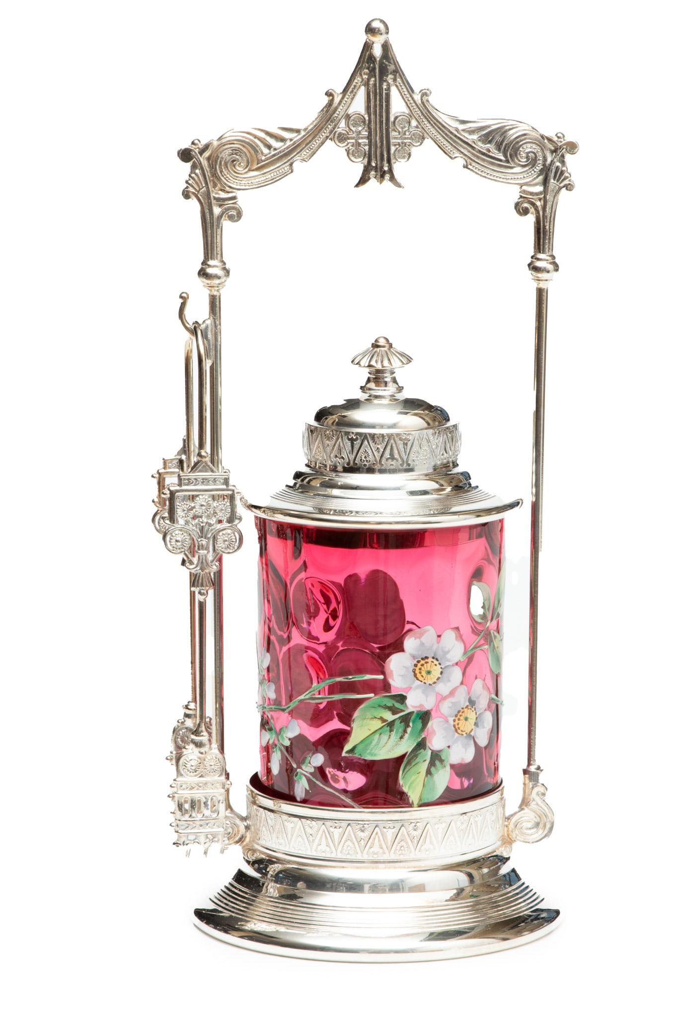 Silver Plate & Cranberry Glass Pickle Castor, Enamel Decoration, Ca. 1870, H 12" W 5" (1 of 5)
