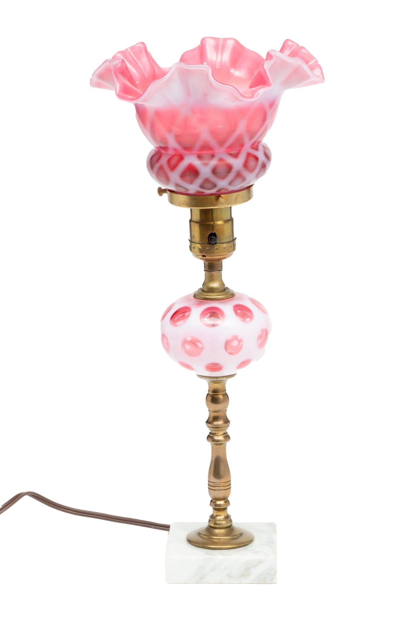 English Victorian Cranberry Glass And Brass Oil Lamp Converted To Electricity H 15" (1 of 3)