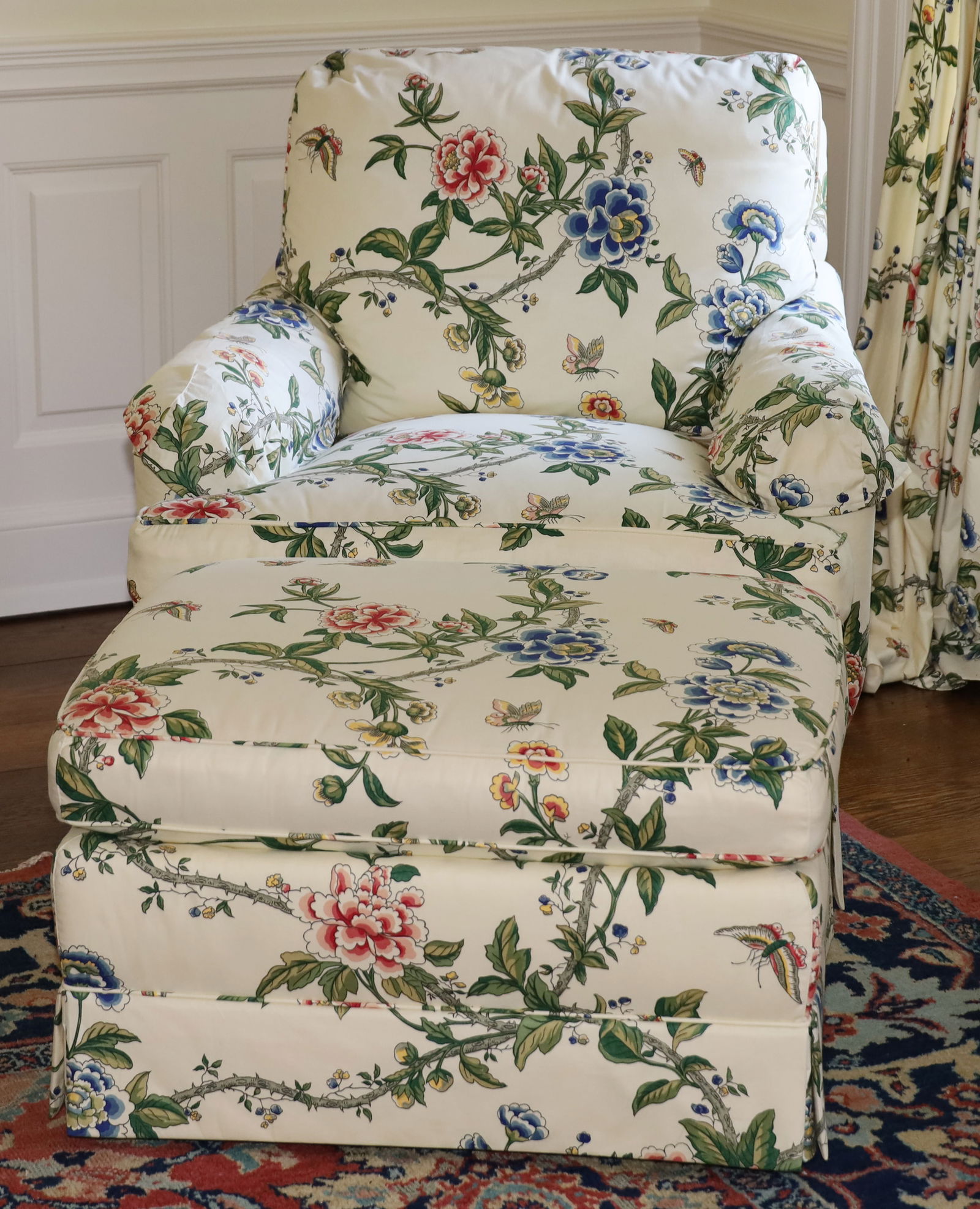 Baker Furniture (American) Upholstered Armchair & Ottoman, Floral Motif, H 32" W 33" Depth 37" (1 of 3)