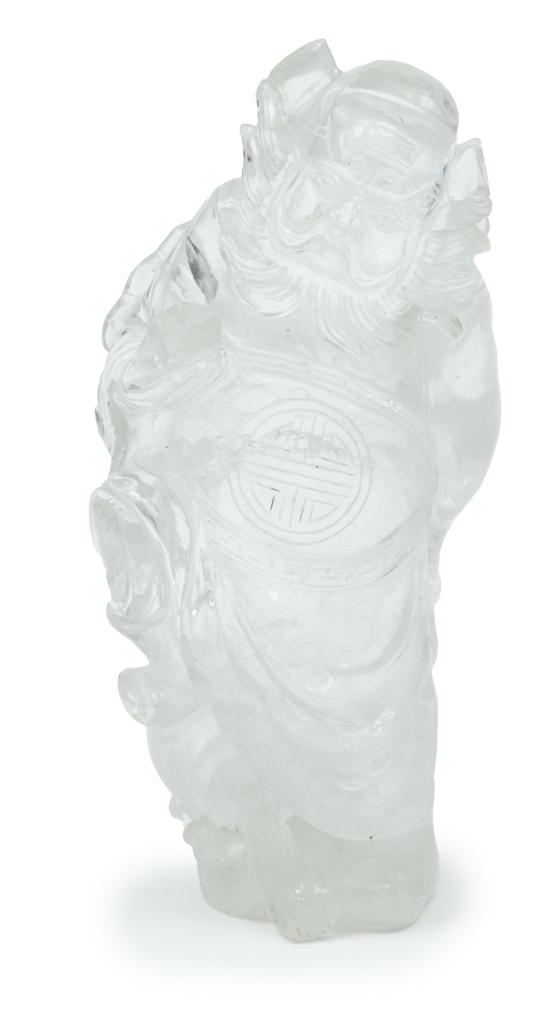 Chinese Rock Crystal Quartz Carved Standing Sage, H 5.2": Chinese Rock Crystal Quartz Carved Standing Sage, H 5.2" | Deep carving. Natural characteristics of stone. Unique. Provenance: From the Estate of Prominent Collector, Leon Zielinski, Macomb County, MI