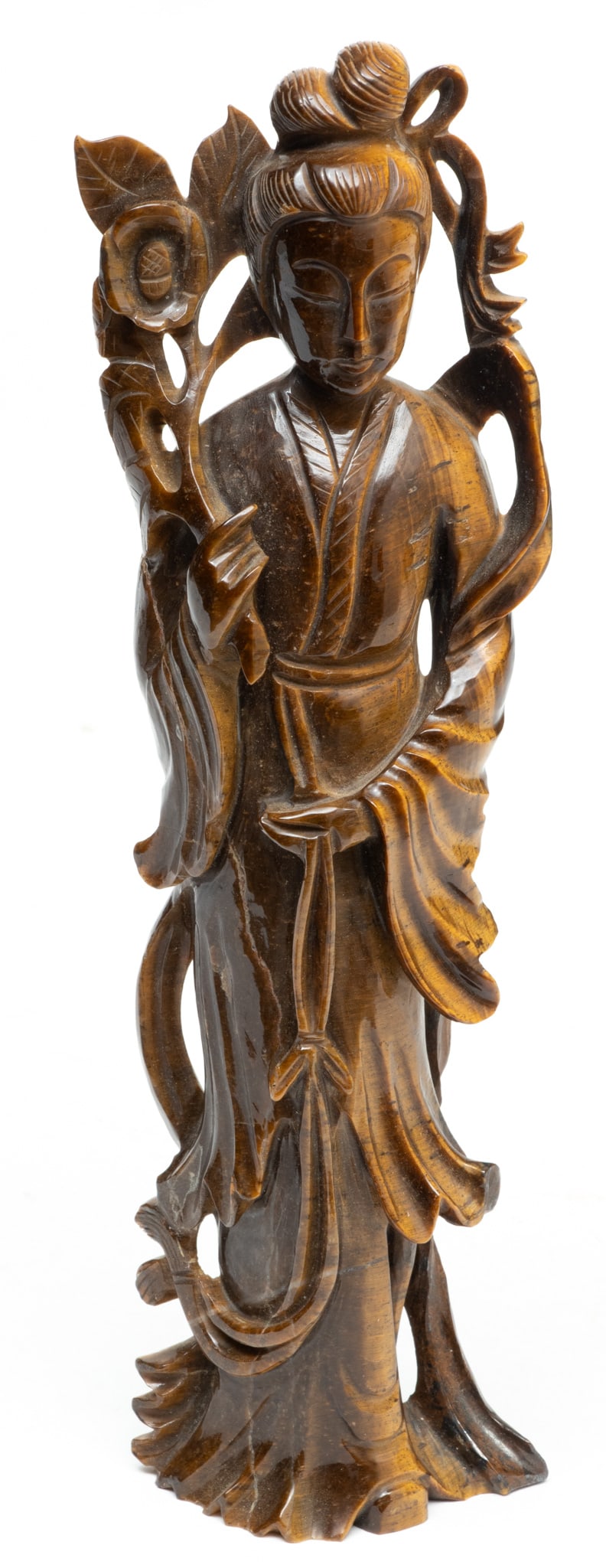 Chinese Carved Tiger Eye Quan Yin Beauty, Ca. 1920, H 10" (1 of 4)