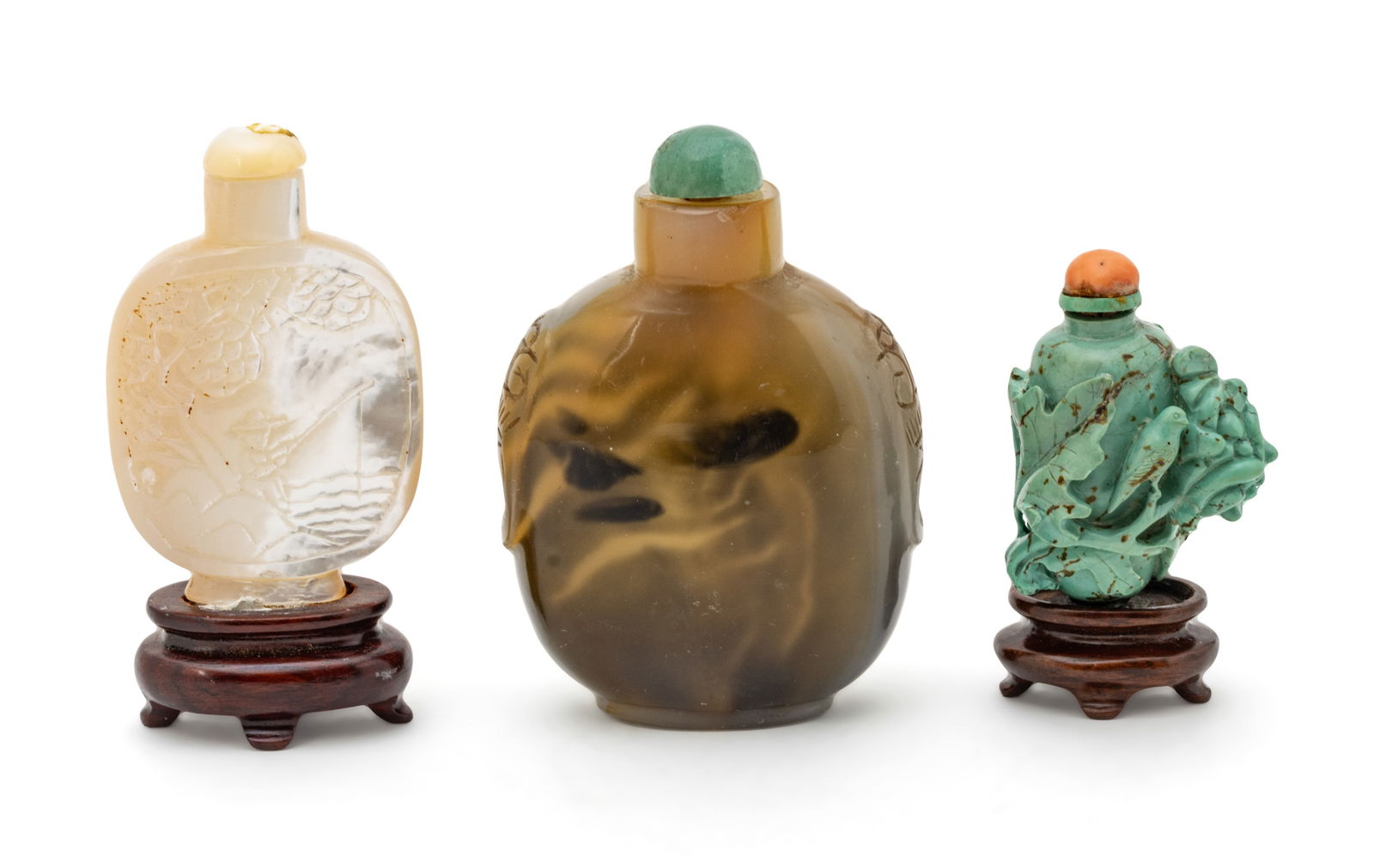 Chinese Snuff Bottles: Agate, Turquoise, Mother Of Pearl Ca. 1900, 3 pcs (1 of 4)