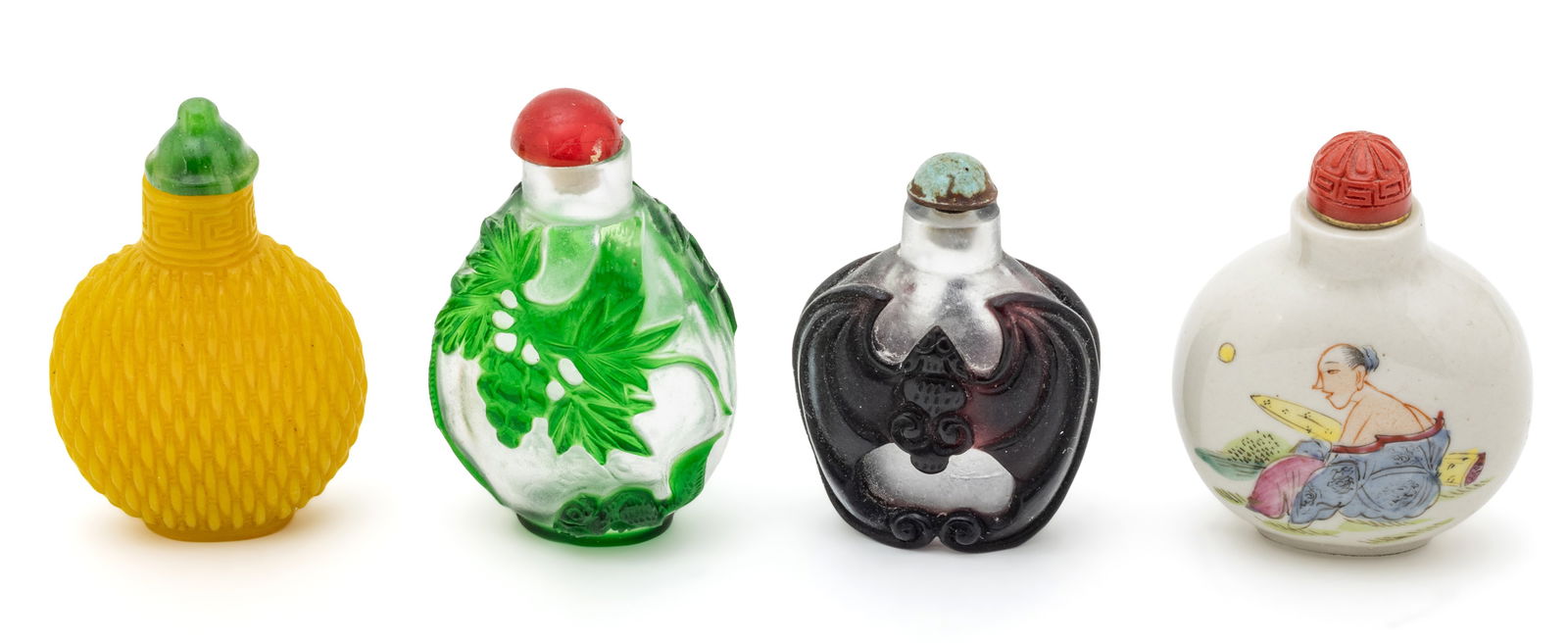Chinese Porcelain And Glass Overlay Snuff Bottles Ca. 19th.c., H 2.5" 4 pcs (1 of 4)