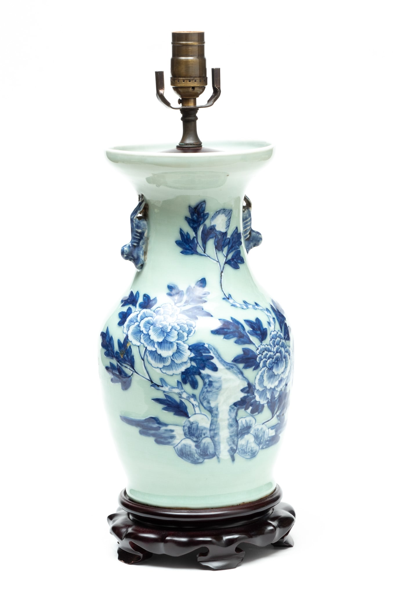 Chinese Blue & White Porcelain Vase Converted To Lamp, H 20 Dia 8: Chinese Blue & White Porcelain Vase Converted To Lamp, H 20 Dia 8 | The Vase Boasts And Floral Motif With Double Handles. With Piped Shade, Measures H 30" X Dia 18". Provenance: From a Prominent Colle