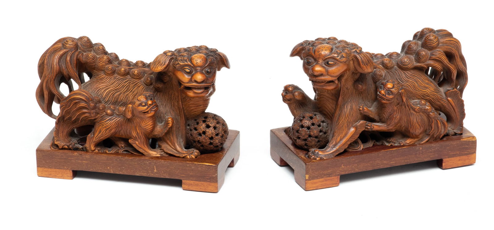 Chinese Carved Wood Foo Dogs, With Stands Ca. 19th.c, H 2.75" W 2" L 4.75" (1 of 6)