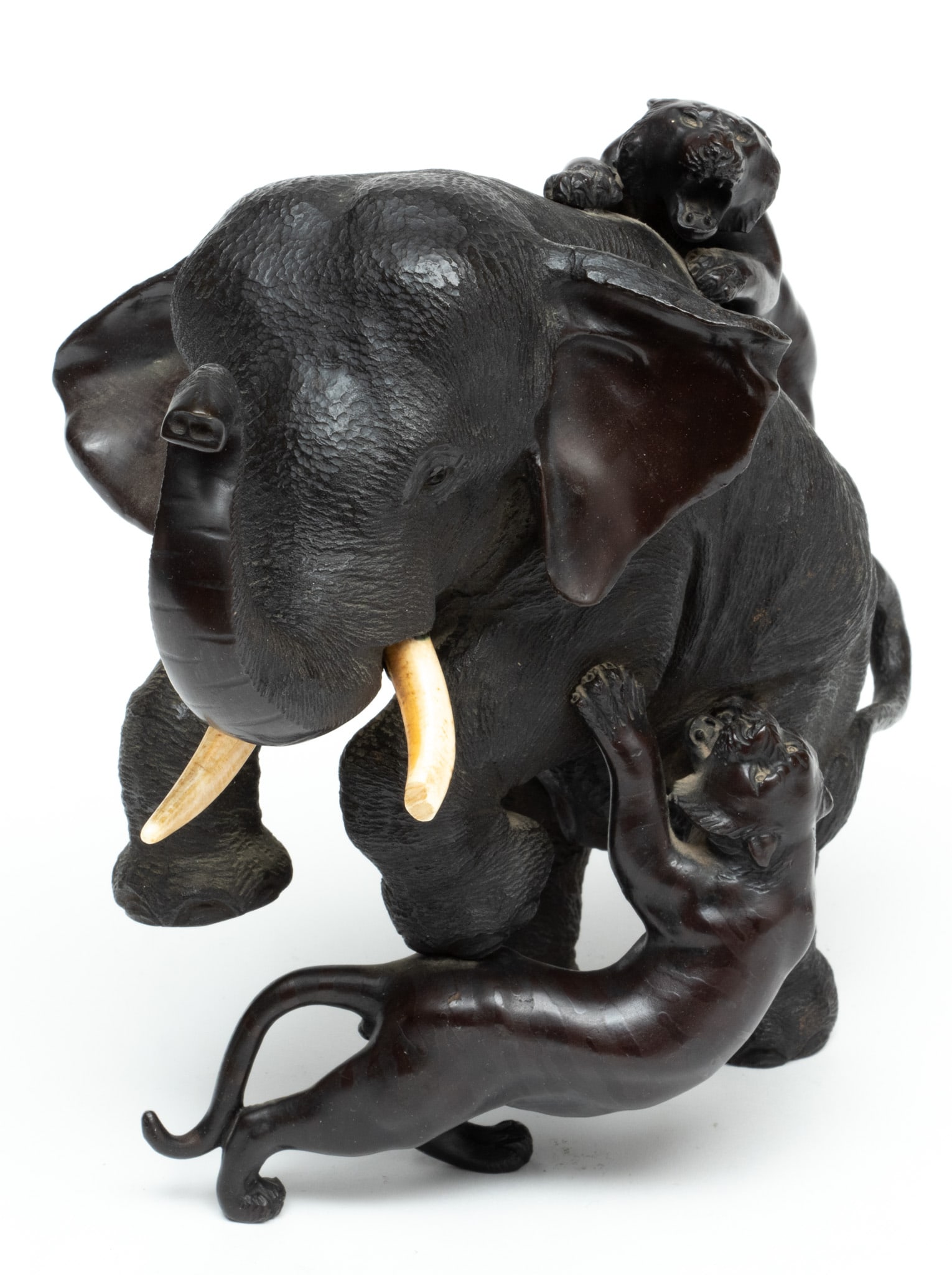 Japanese Bronze Sculpture, Tigers Hunting An Elephant, H 8.5" W 6" L 10" (1 of 5)
