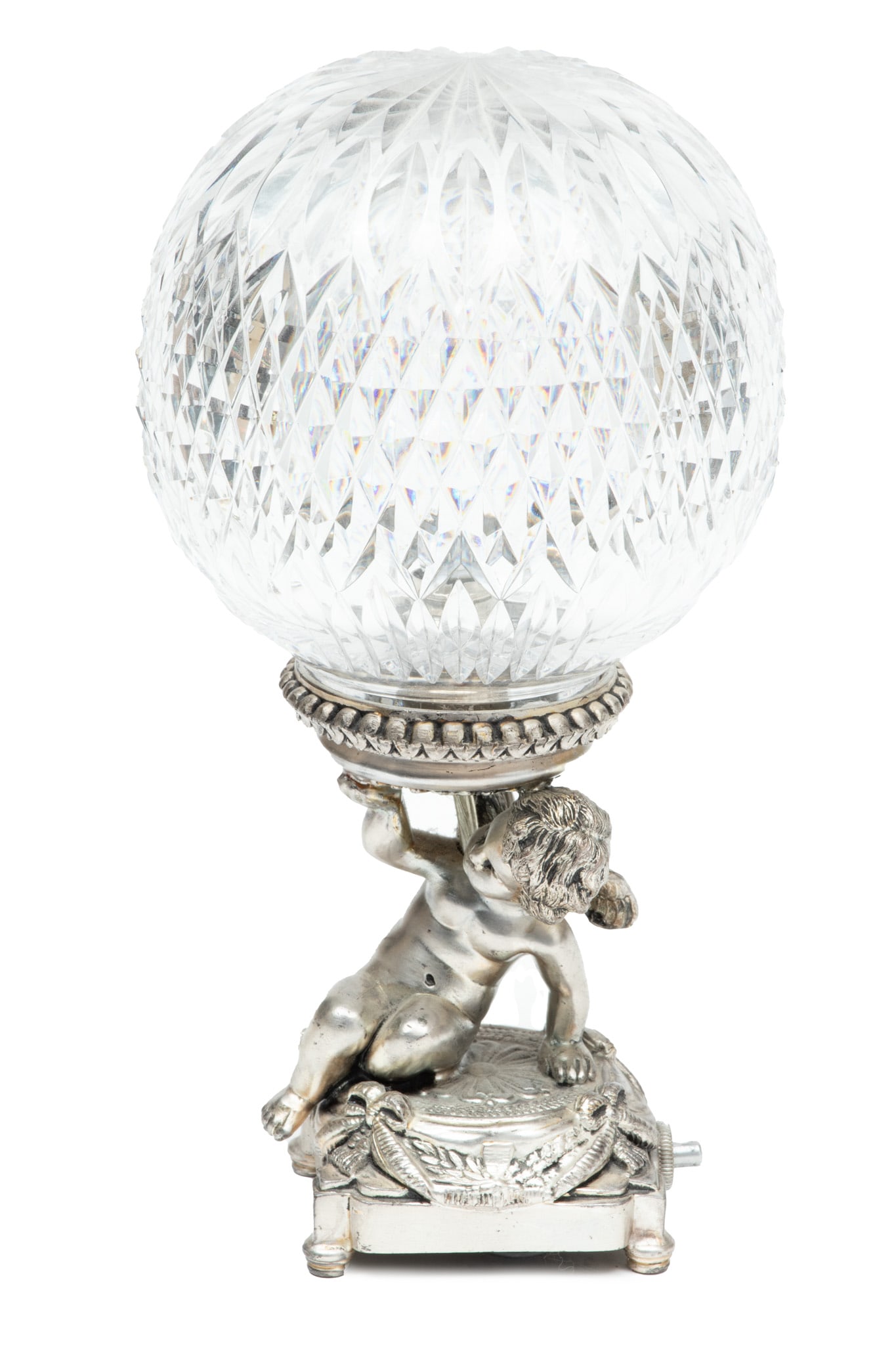 Pairpoint (American, Est. 1880) Silvered Metal Base Lamp, Cut Crystal Globe, H 9.5" Dia. 4.75" (1 of 5)