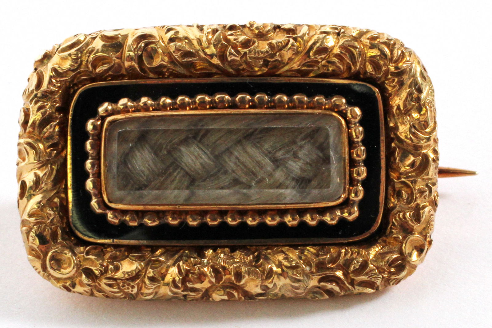 Victorian 14kt Gold, Enamel & Braided Hair Mourning Brooch, 1864, W .7" 7.1g (1 of 2)