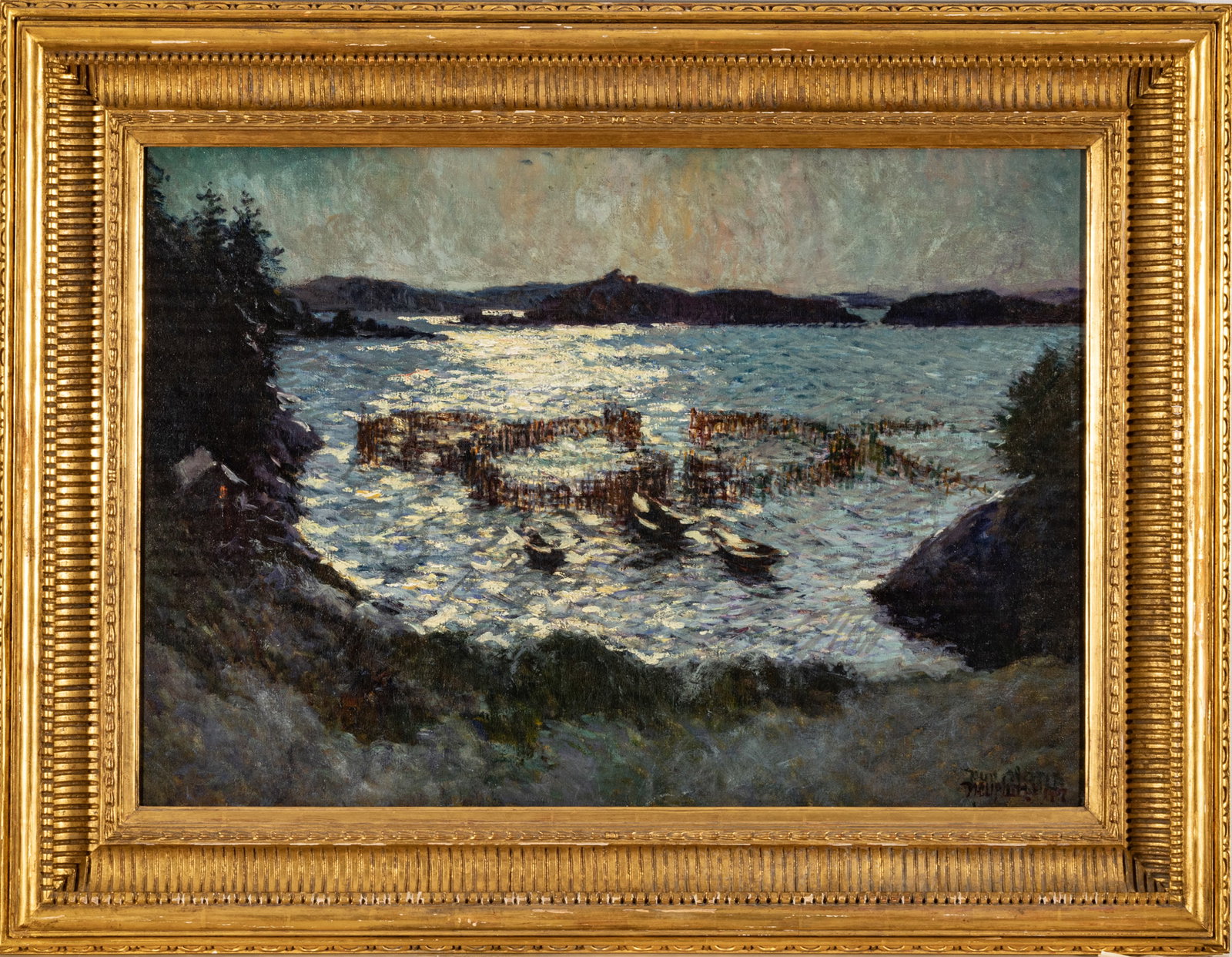Phillip Little (American, 1857-1942) Oil On Canvas, 1907 H 26" W 36" September Moon: The Weirs By: Phillip Little (American, 1857-1942) Oil On Canvas, 1907 H 26" W 36" September Moon: The Weirs By Moonlight | Signed And Dated Lower Right And Titled And Signed Verso On Canvas. Exhibition History: Ca
