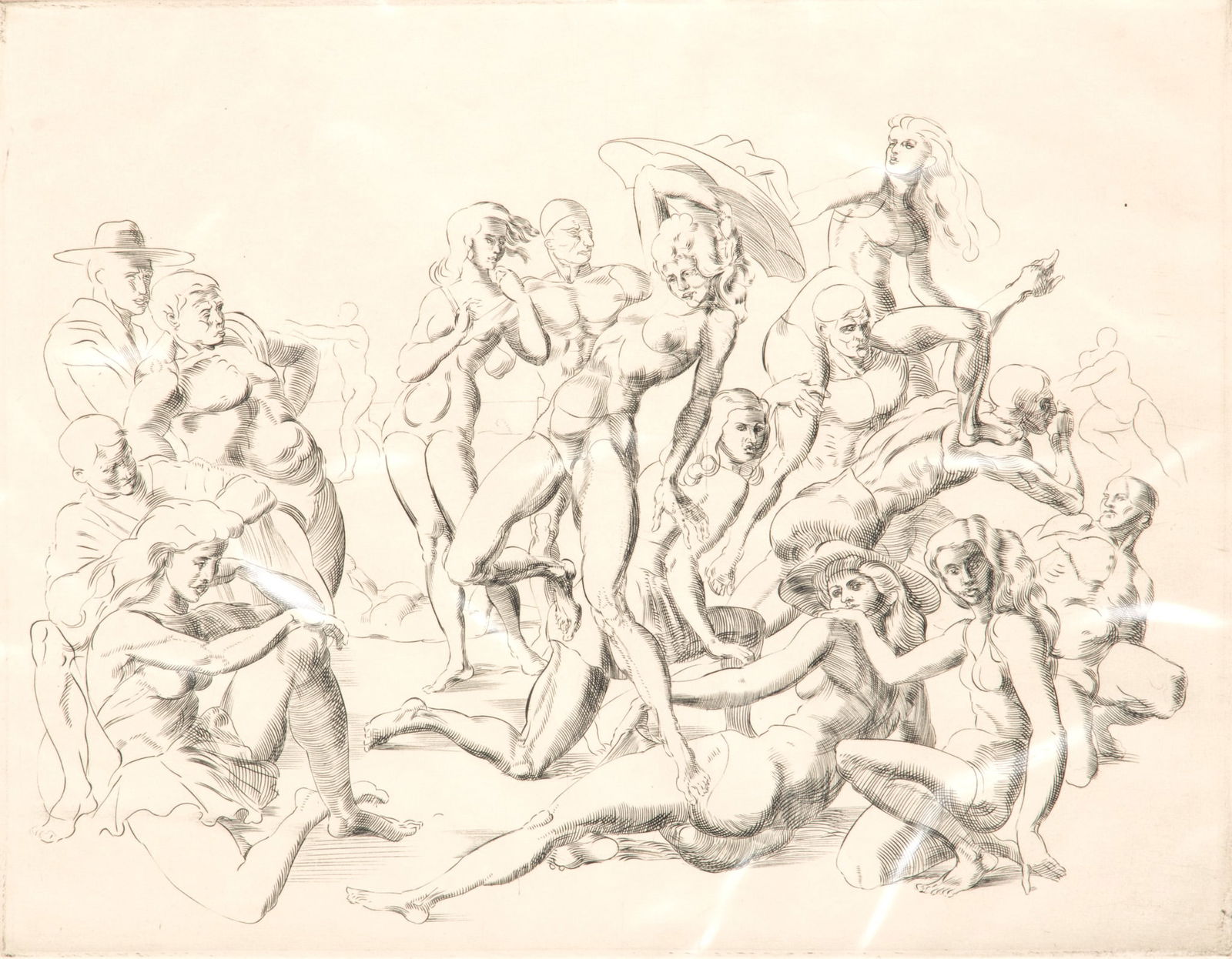 Reginald Marsh (American, 1898-1954) Engraving On Paper, Ca. 1942, Coney Island Beach, H 8" W 10": Reginald Marsh (American, 1898-1954) Engraving On Paper, Ca. 1942, Coney Island Beach, H 8" W 10" | Signed in pencil lower right, from the edition of 12, (presumably from the posthumous printing, sign