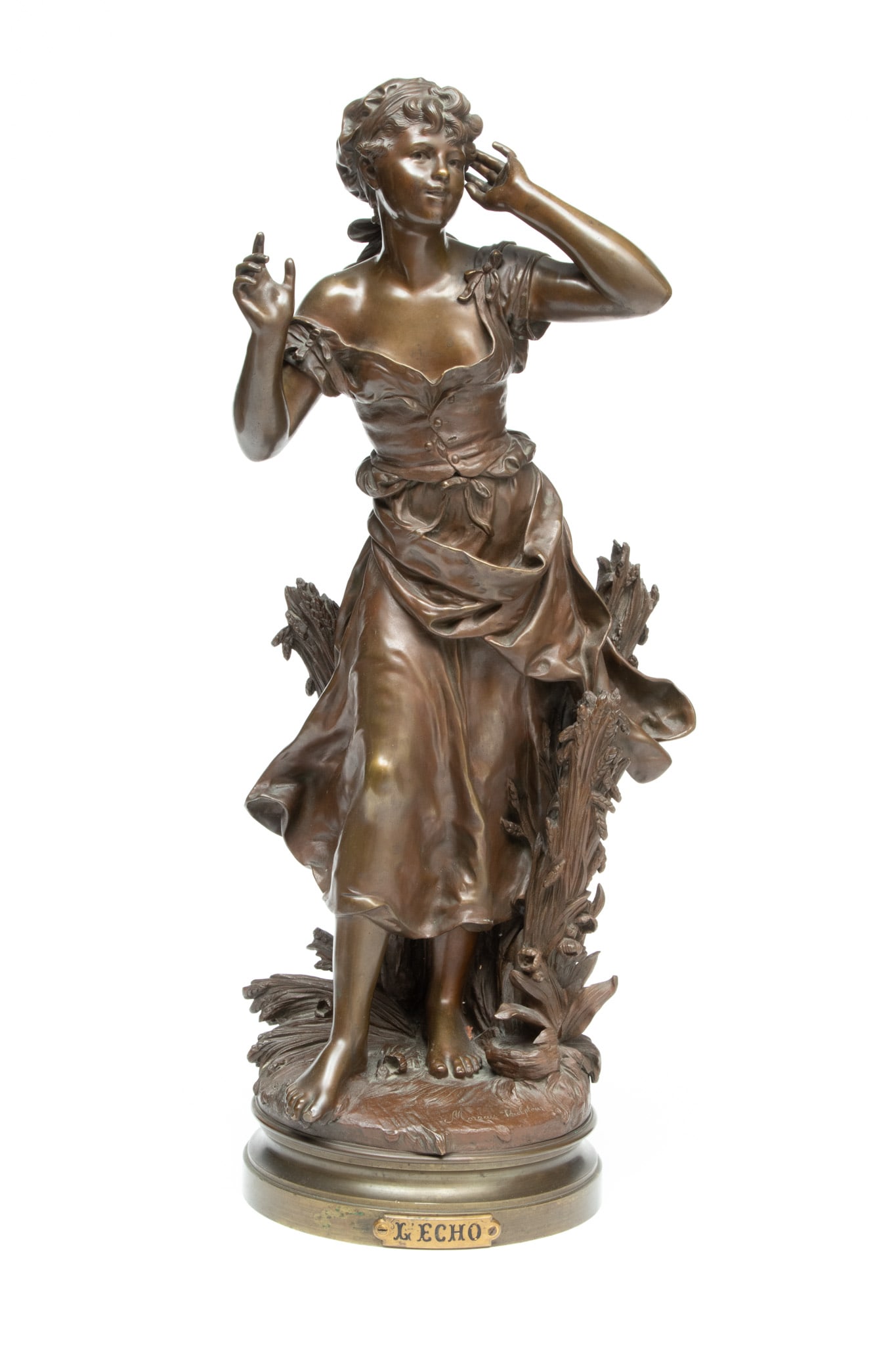 Mathurin Moreau (French, 1822-1912) Bronze Sculpture, 1889, L'Echo, H 25" Dia. 9" (1 of 6)