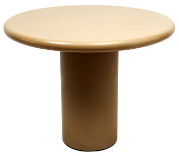 Attributed to Karl Springer (German/American, 1931-1991) Mid Century Modern, Beige Lacquered Dining: Attributed to Karl Springer (German/American, 1931-1991) Mid Century Modern, Beige Lacquered Dining Table Ca. 1970, H 28.5" Dia. 36" | Cylinder Form Base with smooth rounded tabletop.