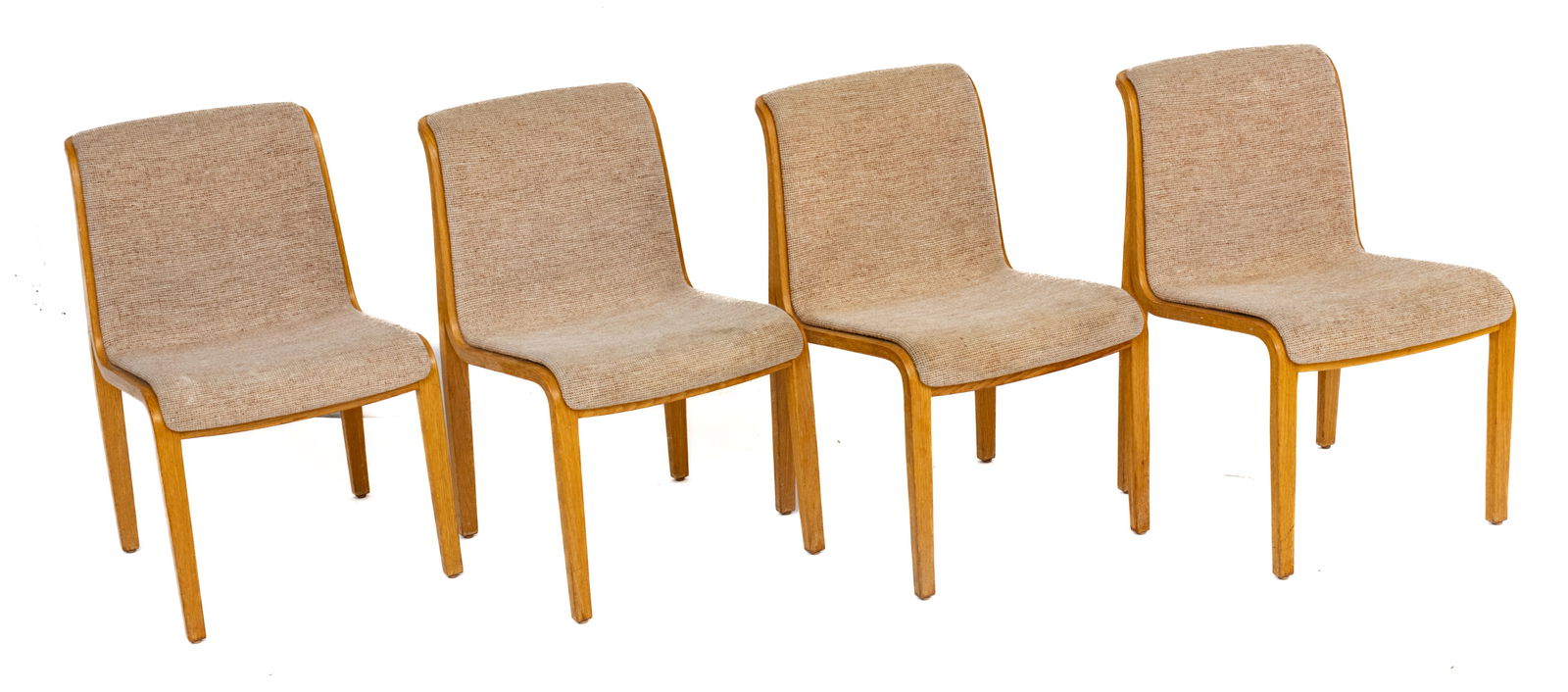 Bill Stephens For Knoll (American) Laminated Bentwood Side Chairs, H 31" W 19.5" Depth 23" 4 pcs: Bill Stephens For Knoll (American) Laminated Bentwood Side Chairs, H 31" W 19.5" Depth 23" 4 pcs | The mid century modern style chairs were designed by Bill Stephens (Pennsylvania, 1932-2007) for Knol